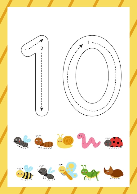 Cute flashcard how to write number 10. Worksheet for kids.