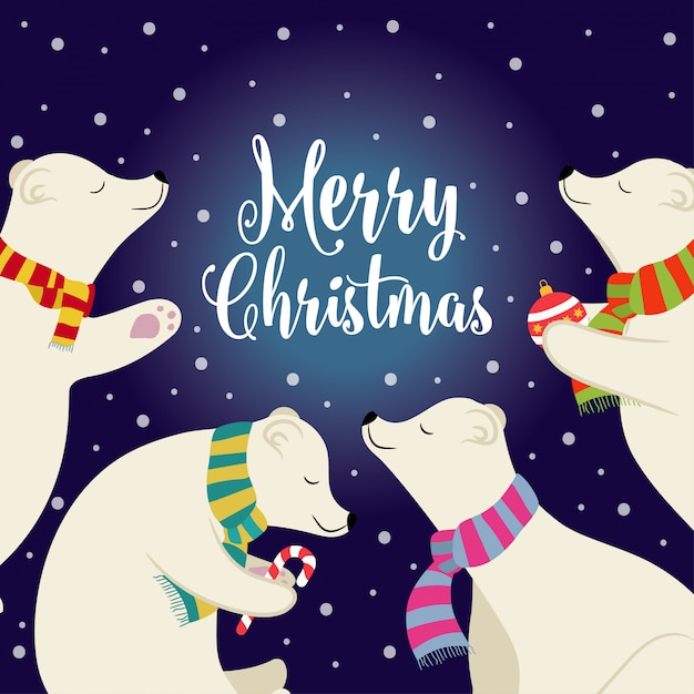 Cute flat design Christmas card with polar bears and wishes