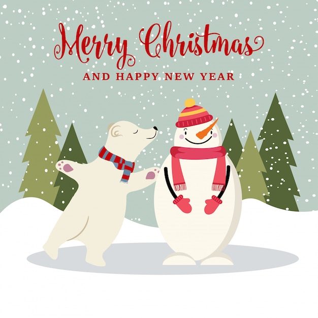 Cute flat design Christmas card with snowman and polar bear