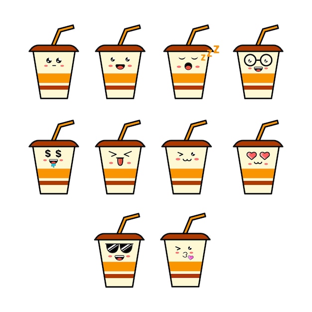 Cute flat design glass cup with different facial expressions