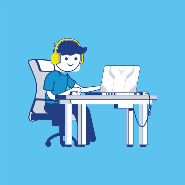 Cute Flat Illustration Work From Home Laptop Listening Music