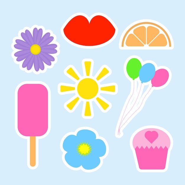 Cute flat stickers isolated on background Cartoon ice cream sun flower lips orange balloons cupcake