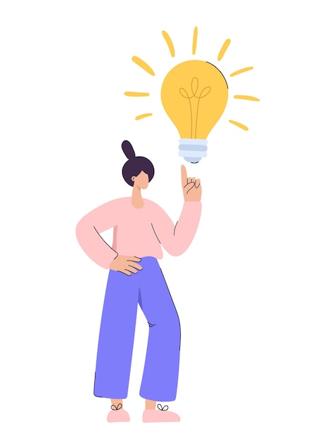 Cute flat woman points her finger up and bulb She has cool idea Vector people have business idea or something