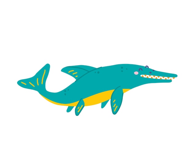 Cute floating dinosaur Ichthyosaurus vector flat illustration in hand drawn style