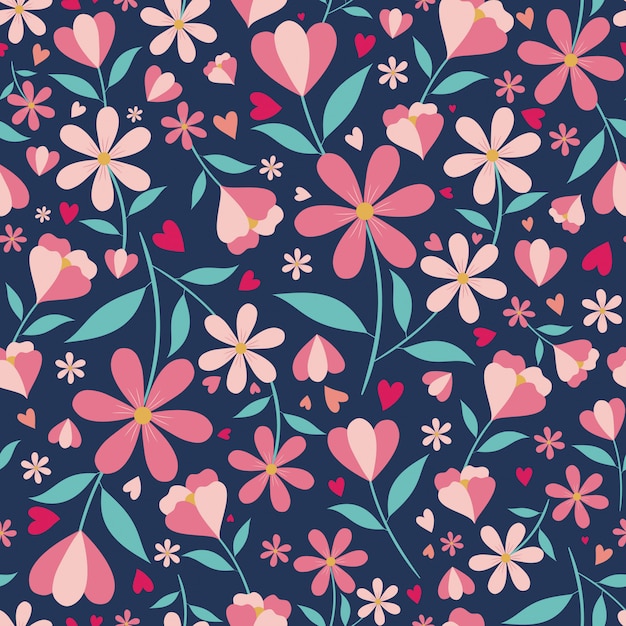 Cute floral and hearts seamless pattern with blue background