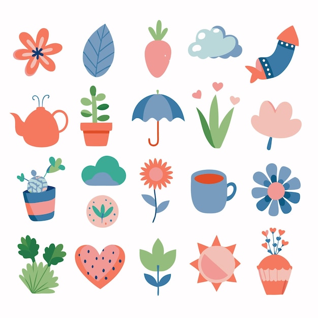 Vector cute floral and nature illustrations with simple colors and shapes