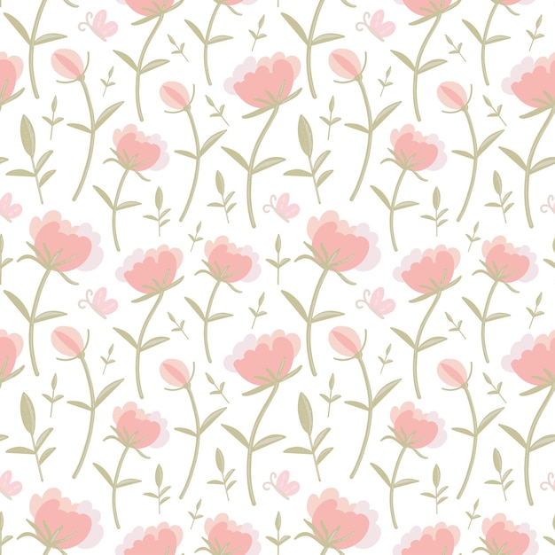 Cute Floral pattern of pink flowers and butterfly Seamless vector texture Elegant and cute prints