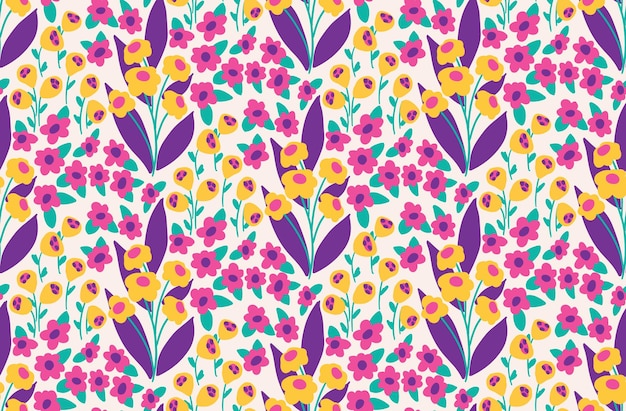 Vector cute floral print in bright spring colors seamless pattern fresh botanical background with painted meadow in bloom various small flowers leaves grass vector illustration