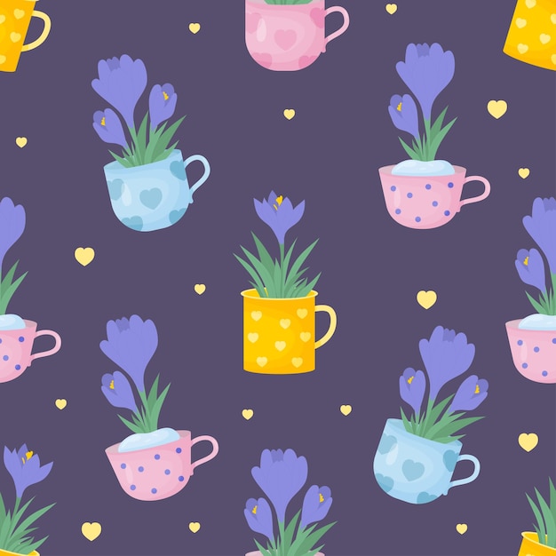 Cute floral seamless pattern Spring bouquet of flowers crocuses in cups on blue background