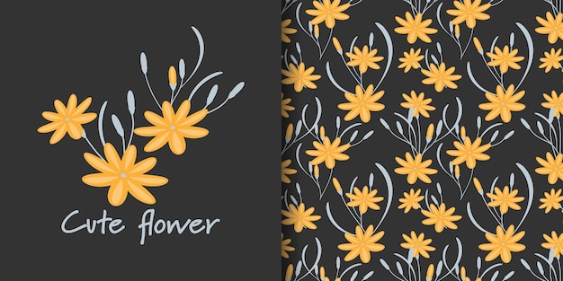 Cute floral seamless pattern of yellow flowers with leaves on black background