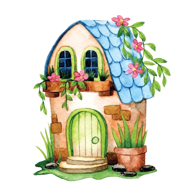 cute flower house watercolor drawing with fairy house in flower garden