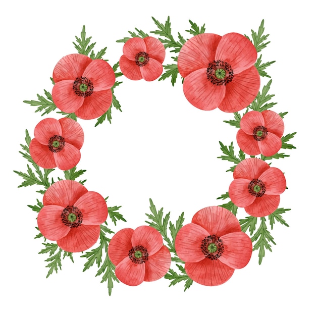 Cute flower poppy summer wreath Hand drawn watercolor floral el