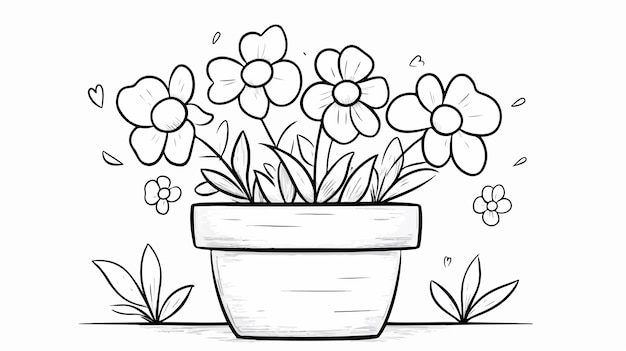 Vector cute flower pot coloring page for kids with love theme