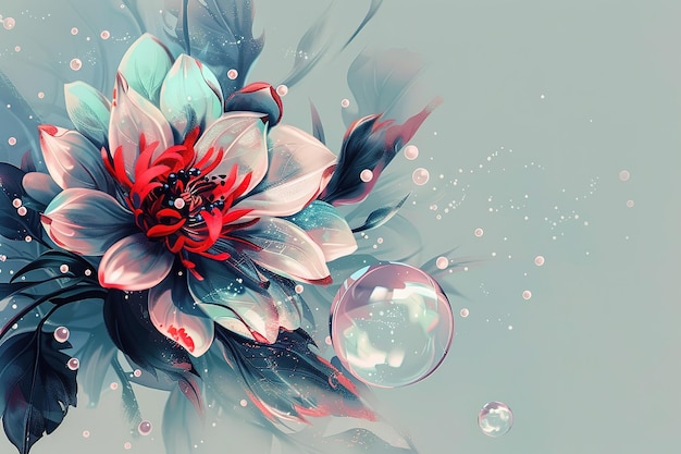 A cute flower with some bubbles on it in the style of dark teal and light red 2d game art floral exp