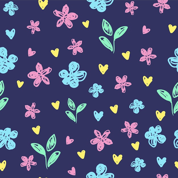 Cute Flowers blue background print for textile Vector illustration. The drawn small flowers beautiful illustration for the fabric. Design ornament pattern seamless.