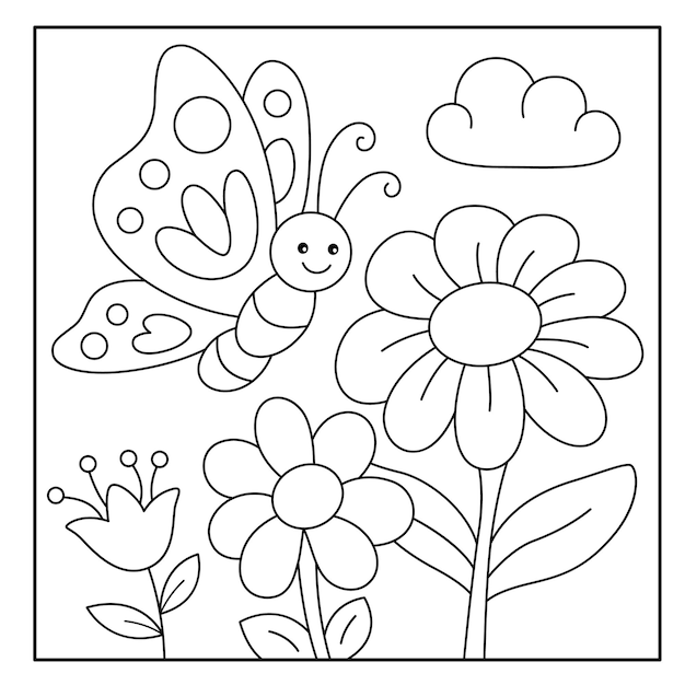 Vector cute flowers and butterfly coloring page for kids