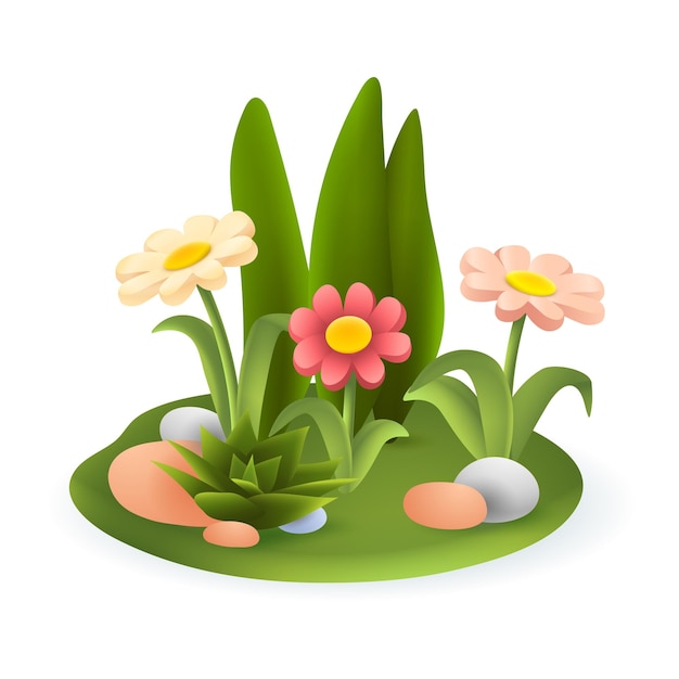 Cute flowers and succulent in garden or meadow 3D illustration