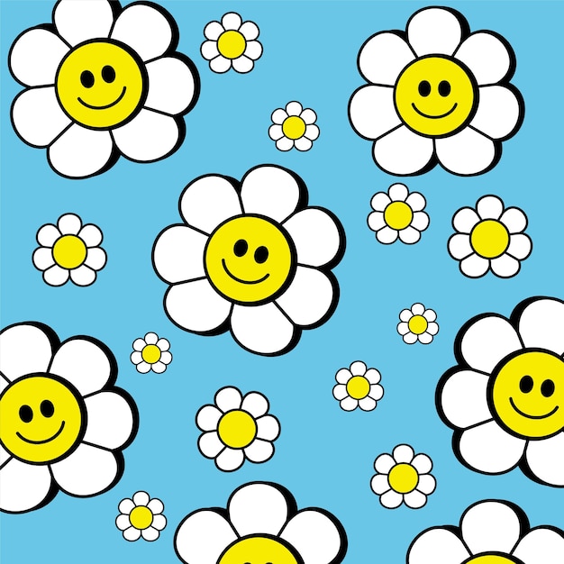 Cute flowers with cartoon funny smiling faces on blue background pattern. Vector cartoon kawaii