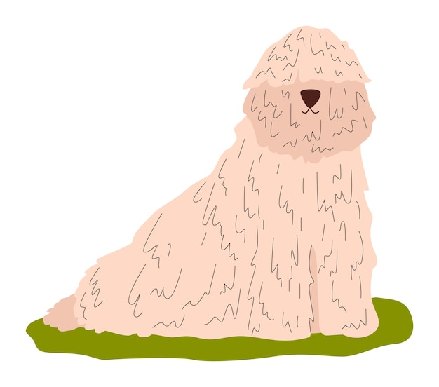 Cute fluffy beige dog sitting on green grass cartoon domestic pet with shaggy fur friendly animal