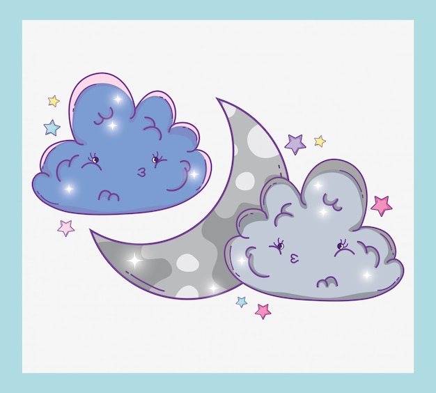 Cute fluffy clouds with moon and stars