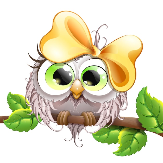 Cute fluffy funny cartoon Owl girl sitting on tree branch with leaves with yellow bow. Isolated