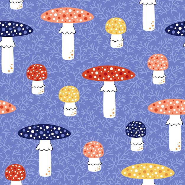 Cute fly agaric mushrooms pattern Autumn seamless print with amanitas