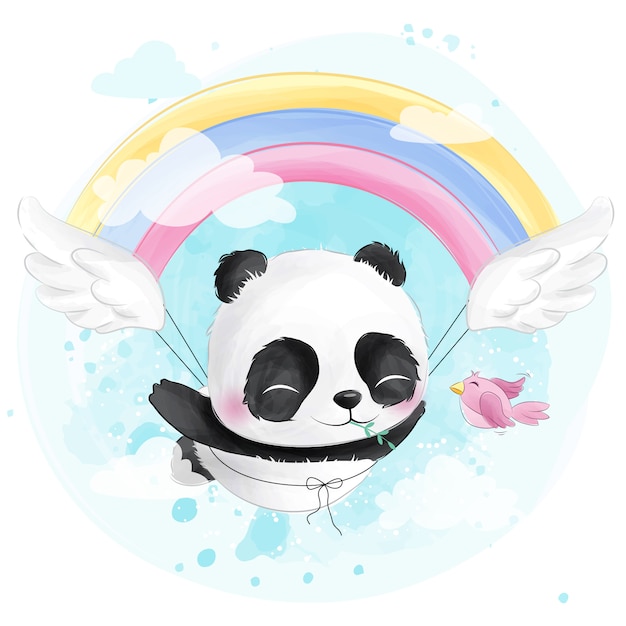 Cute flying panda with rainbow