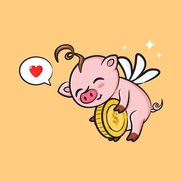 Cute flying pig money business icon isolated background Piggy character vector icon