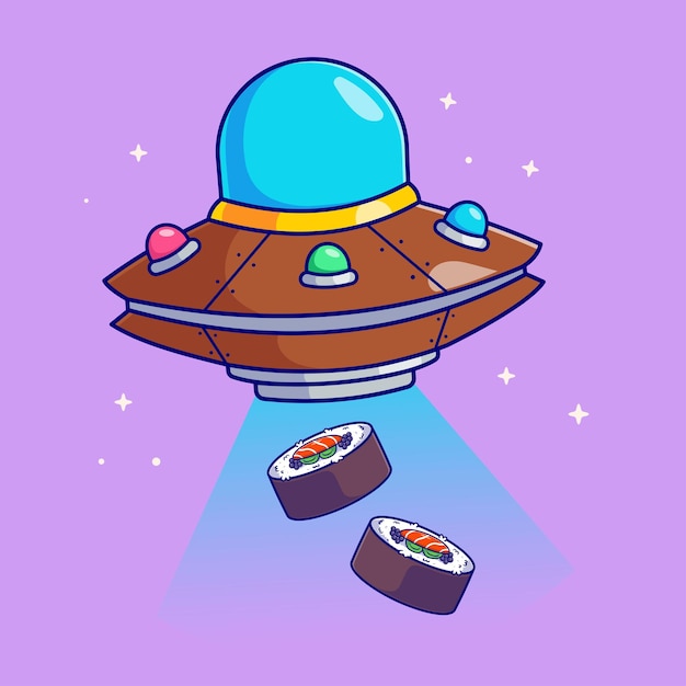 Cute flying ufo catching sushi cartoon vector icon illustration science food icon concept