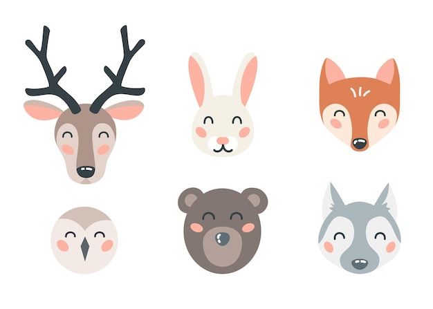 Vector cute forest animal faces set on isolated white background cartoon flat design element