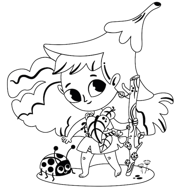 The cute forest fairy is traveling with her best friend. Black and white vector illustration.