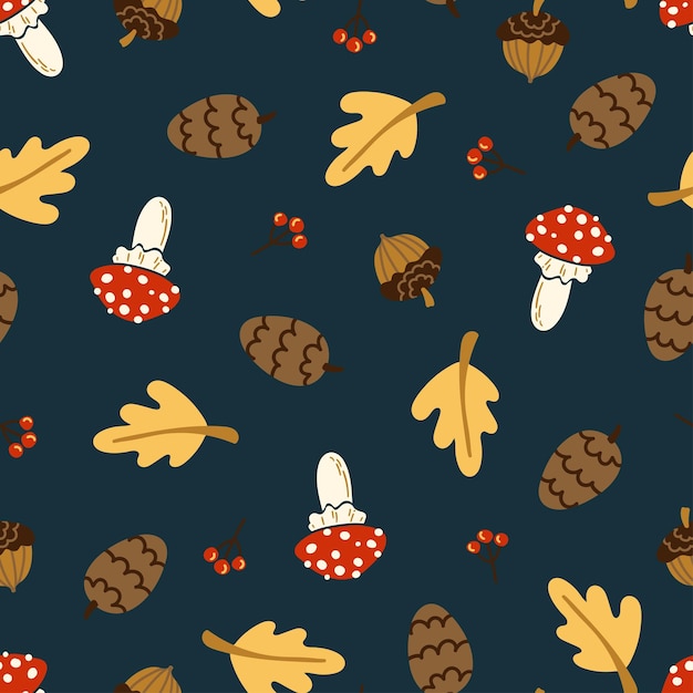 Cute forest seamless vector pattern Fly agaric pine cone acorn oak leaf berries texture