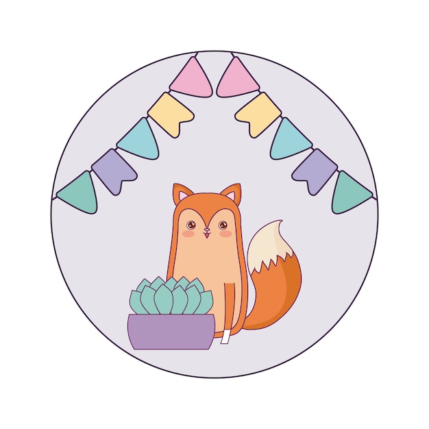 Cute fox animal with house plant and garlands