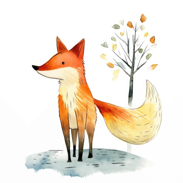 Cute fox in the autumn forest Watercolor illustration