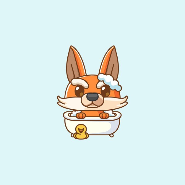 Vector cute fox bathing time in bathtub kawaii chibi character mascot illustration outline style design