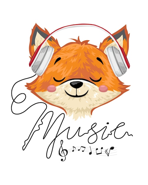 Cute fox cartoon enjoy music with headphone