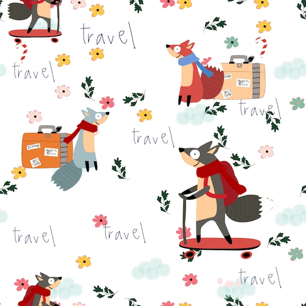 Cute fox cartoon Merry Christmas seamless pattern