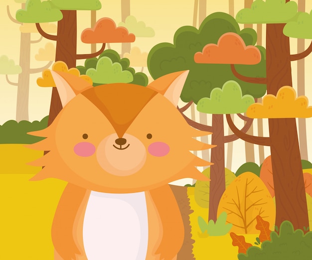 Vector cute fox cartoon nature forest foliage  vector illustration