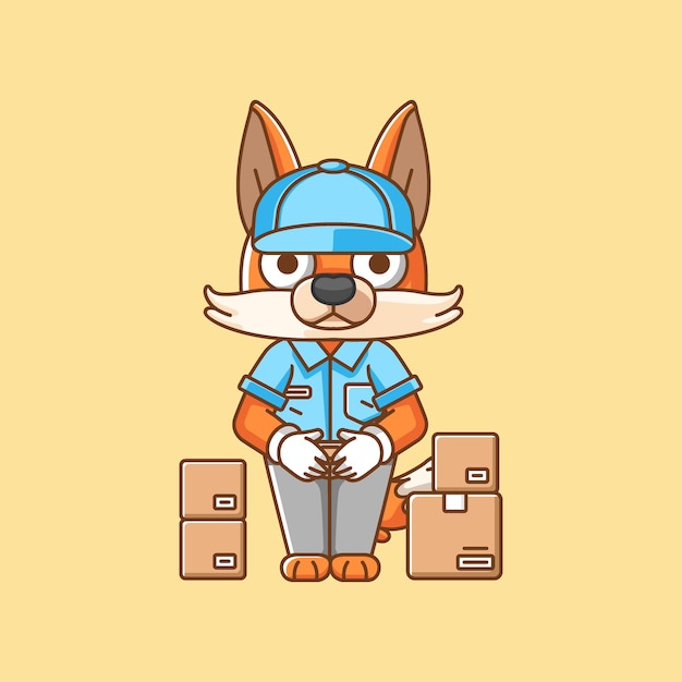 Cute fox courier package delivery animal chibi character mascot icon flat line style illustration