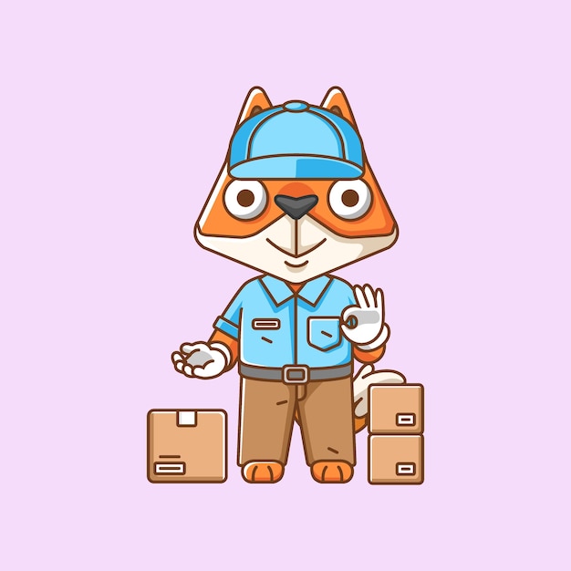 Cute fox courier package delivery animal chibi character mascot icon line art style illustration