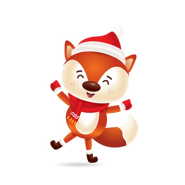 Cute fox dancing with red cap and red scarf 