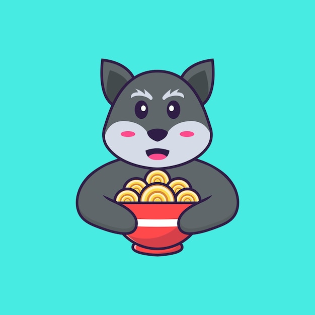 Cute fox eating ramen noodles. Animal cartoon concept isolated. Flat Cartoon Style