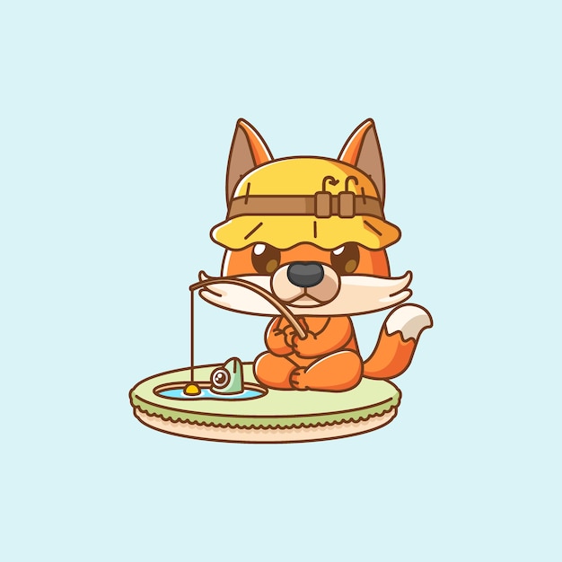 Vector cute fox fishing fish on island kawaii chibi character mascot illustration outline style design