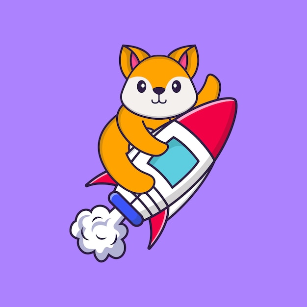 Cute fox flying on rocket Animal cartoon concept isolated