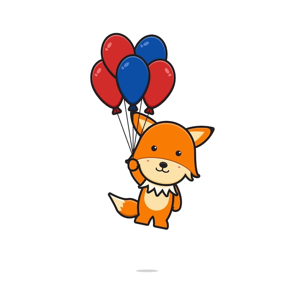 Cute fox flying with balloon cartoon icon vector illustration. Design isolated on white. Flat cartoon style.