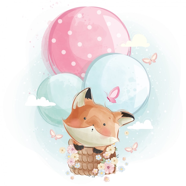 Cute Fox Flying with Balloons