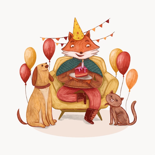 Cute fox and friends birthday celebration illustration