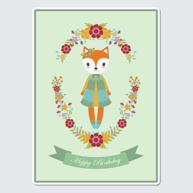 cute fox girl on floral wreath suitable for birthday card