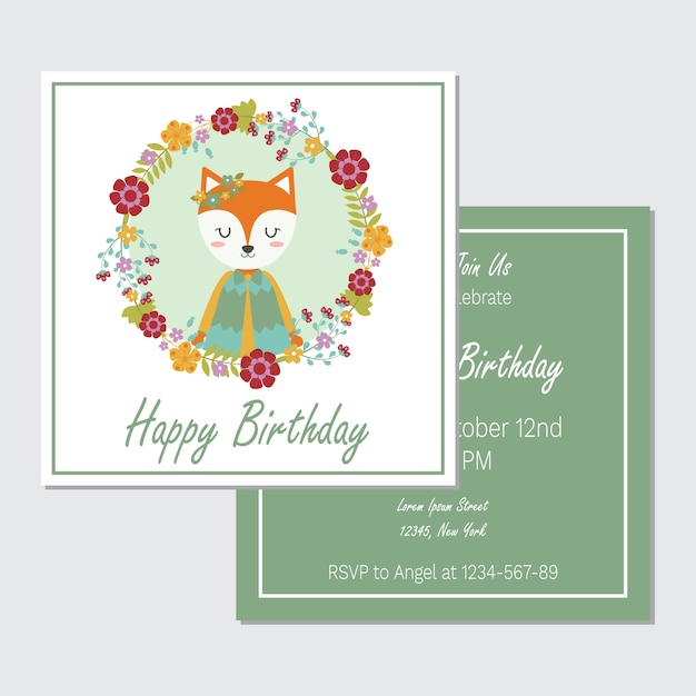 cute fox girl on flower wreath suitable for birthday card