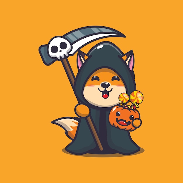 cute fox grim reaper holding halloween pumpkin cute halloween cartoon illustration